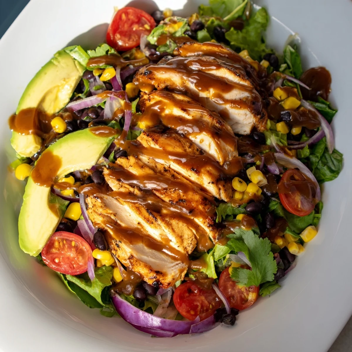 Vibrant Chipotle Lime Chicken Salad topped with juicy tomato halves and red onion, finished with a zesty lime drizzle.