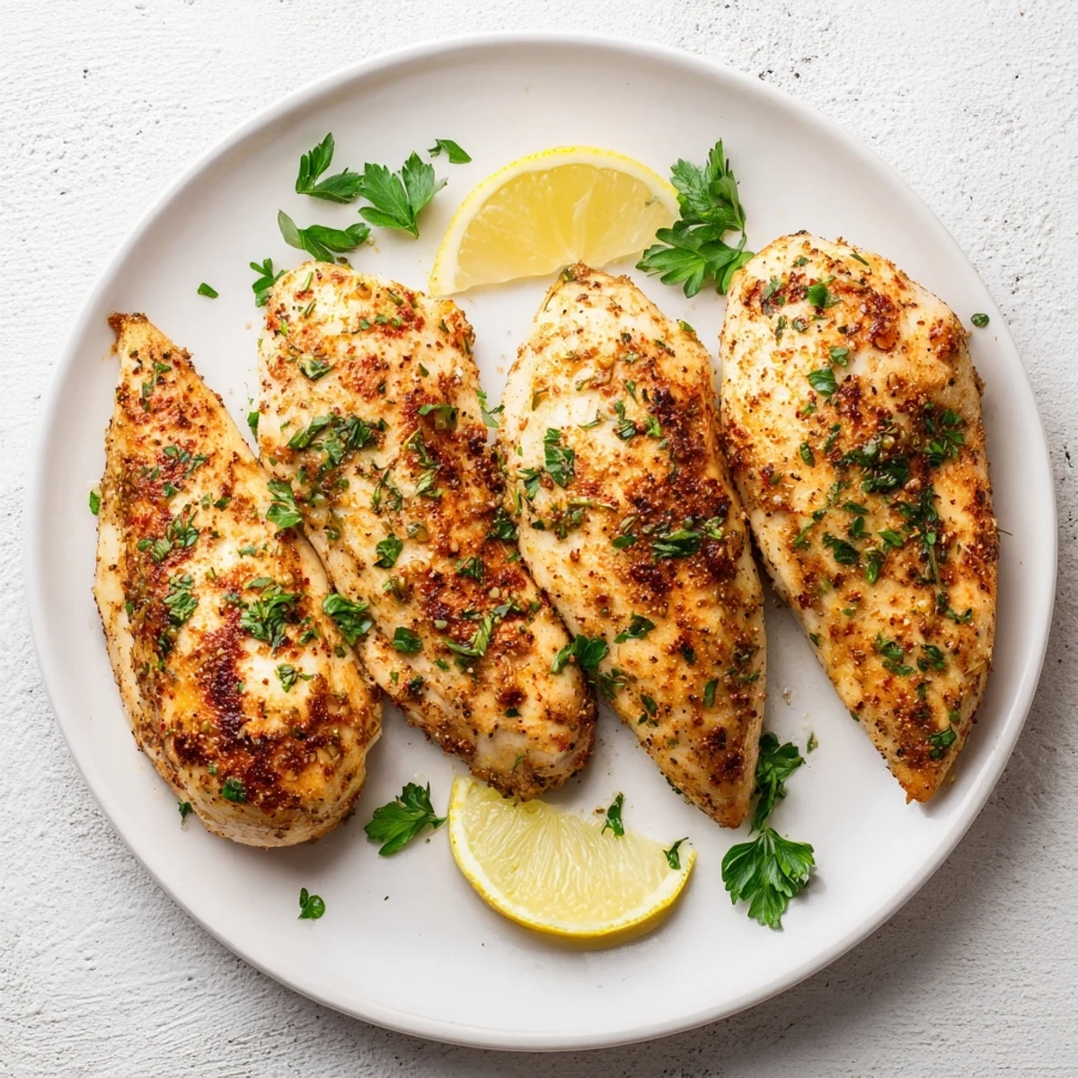 Golden-brown Oven Baked Chicken Breasts resting on a white plate, garnished with fresh parsley and lemon wedges.
