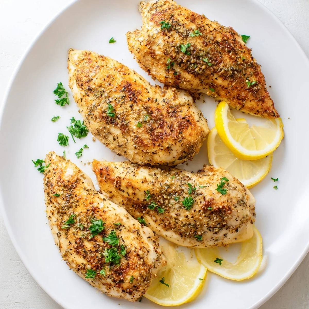 Seasoned Oven Baked Chicken Breasts arranged in a baking dish, fresh from the oven with visible herbs and spices.