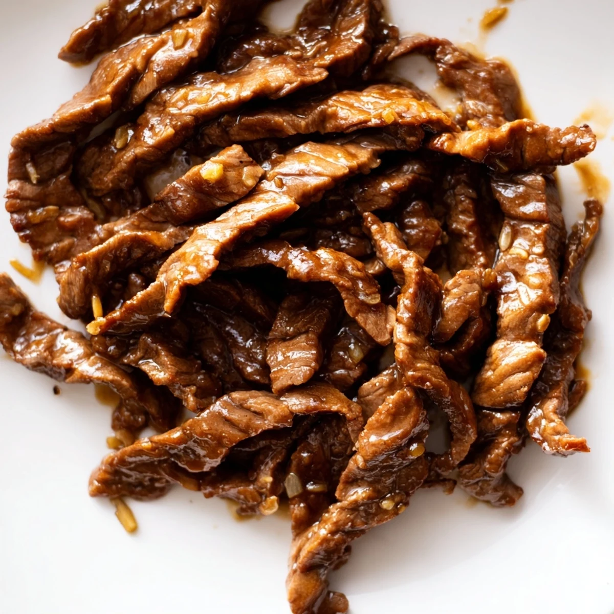 A close-up of Ultimate Slow Cooker Mongolian Beef reveals tender beef strips coated in glossy brown sauce, garnished with green onions.