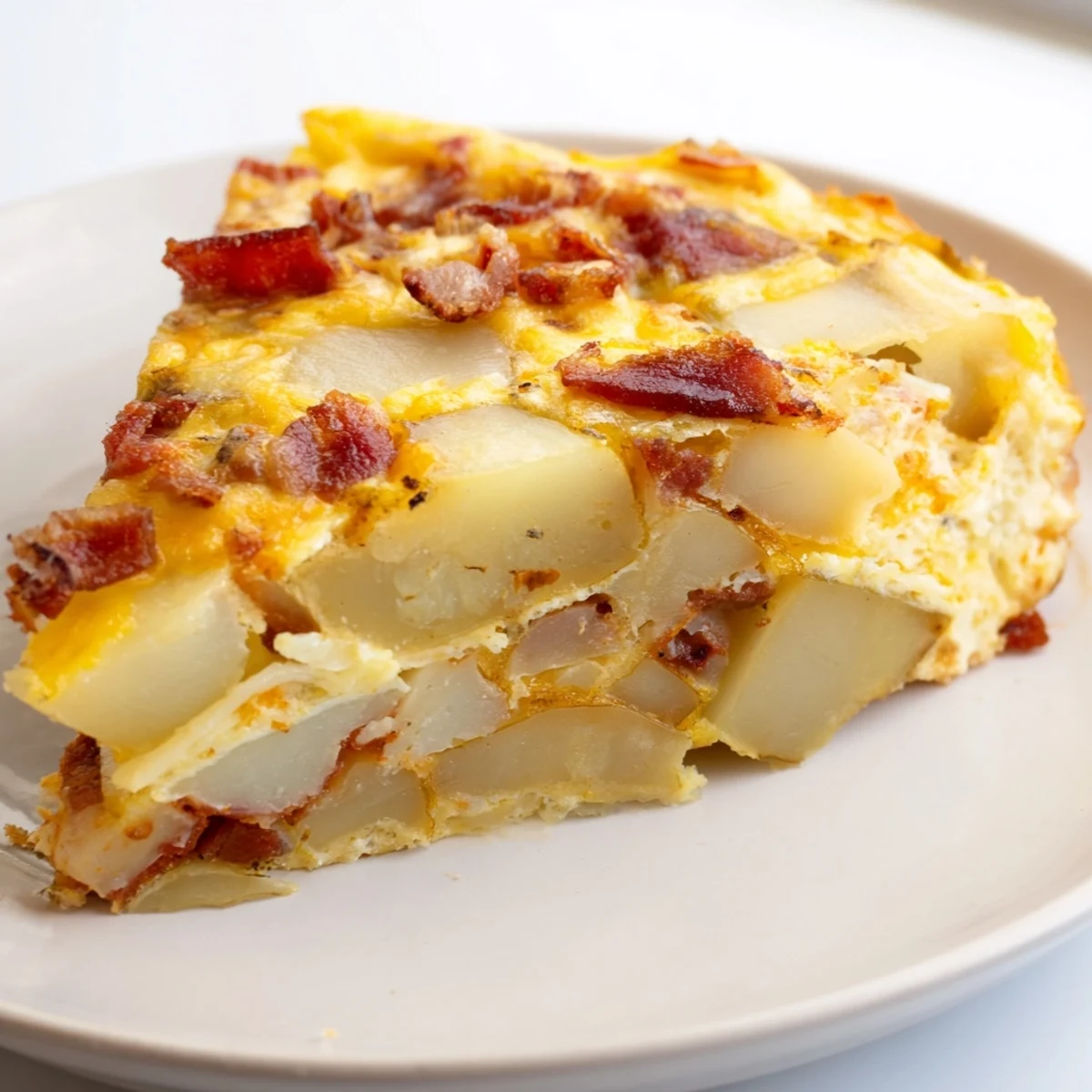 Golden Bacon Potato Frittata in a skillet, topped with chives and melted Gruyère cheese.