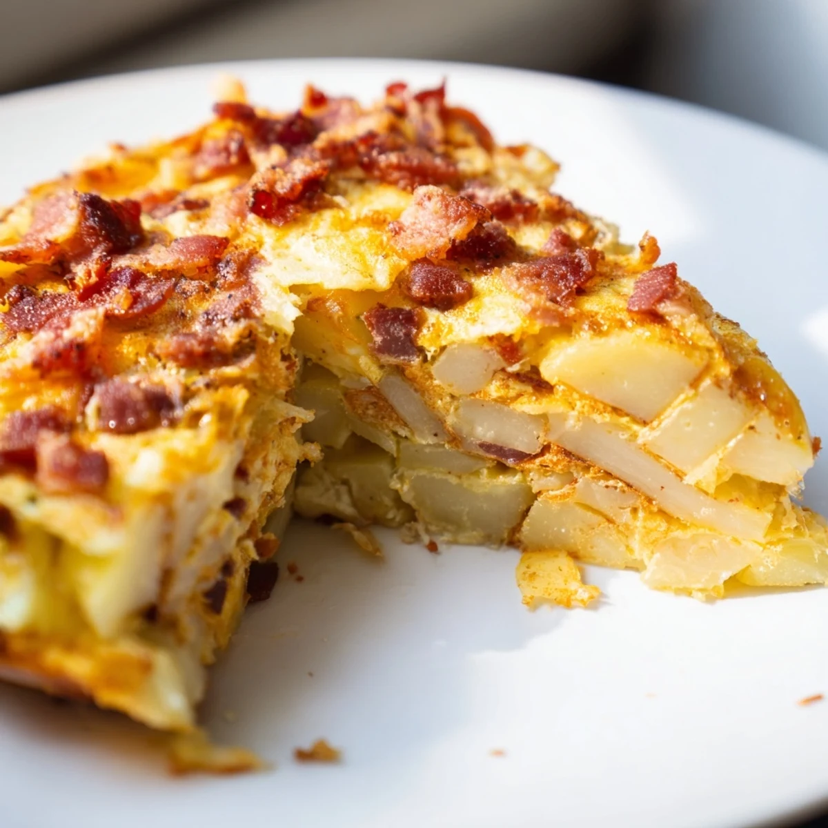 Freshly baked Bacon Potato Frittata with crispy bacon and tender potatoes, served warm for brunch.
