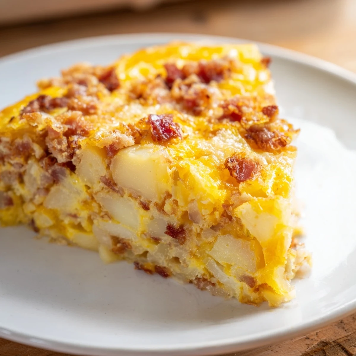 Slice of Bacon Potato Frittata on a white plate next to a fresh green salad.