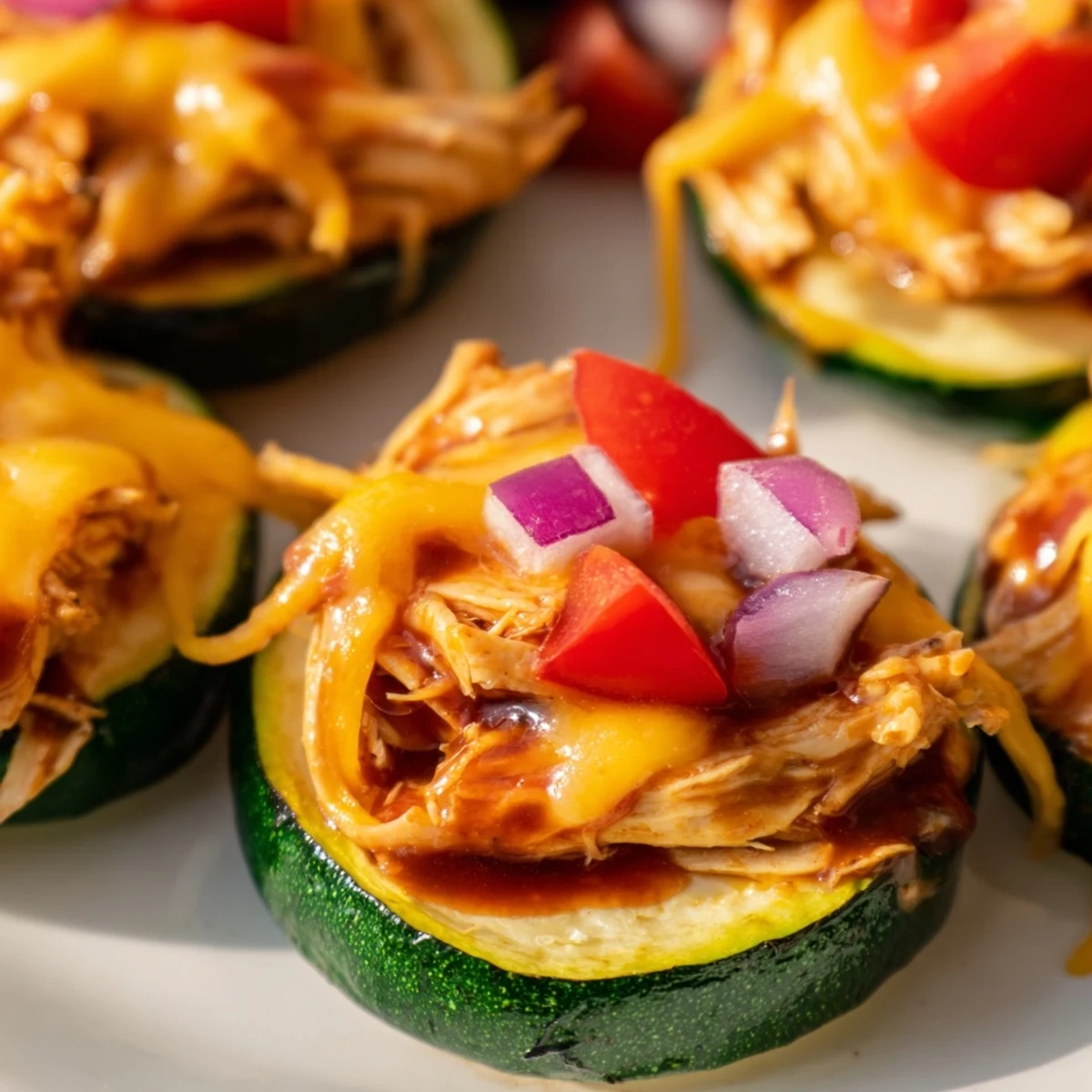 Roasted zucchini rounds topped with smoky BBQ chicken and melted cheese for a low-carb snack.