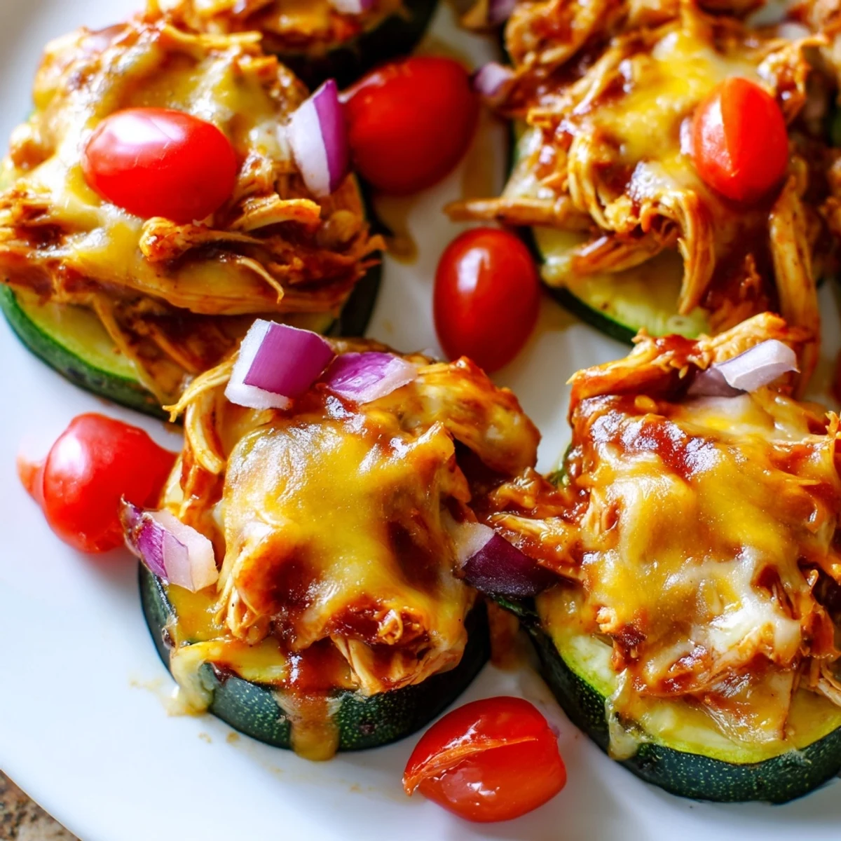 Tender zucchini slices hold a flavorful BBQ chicken and cheese nacho topping in this photo.