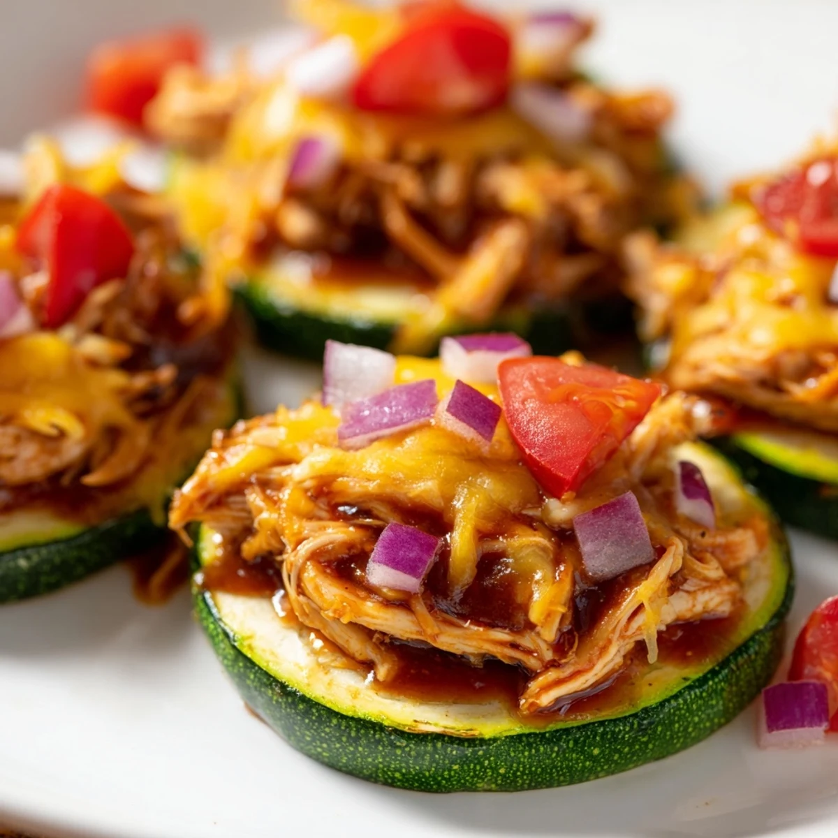 Golden baked zucchini nachos with BBQ chicken and fresh garnishes on a rustic serving plate.