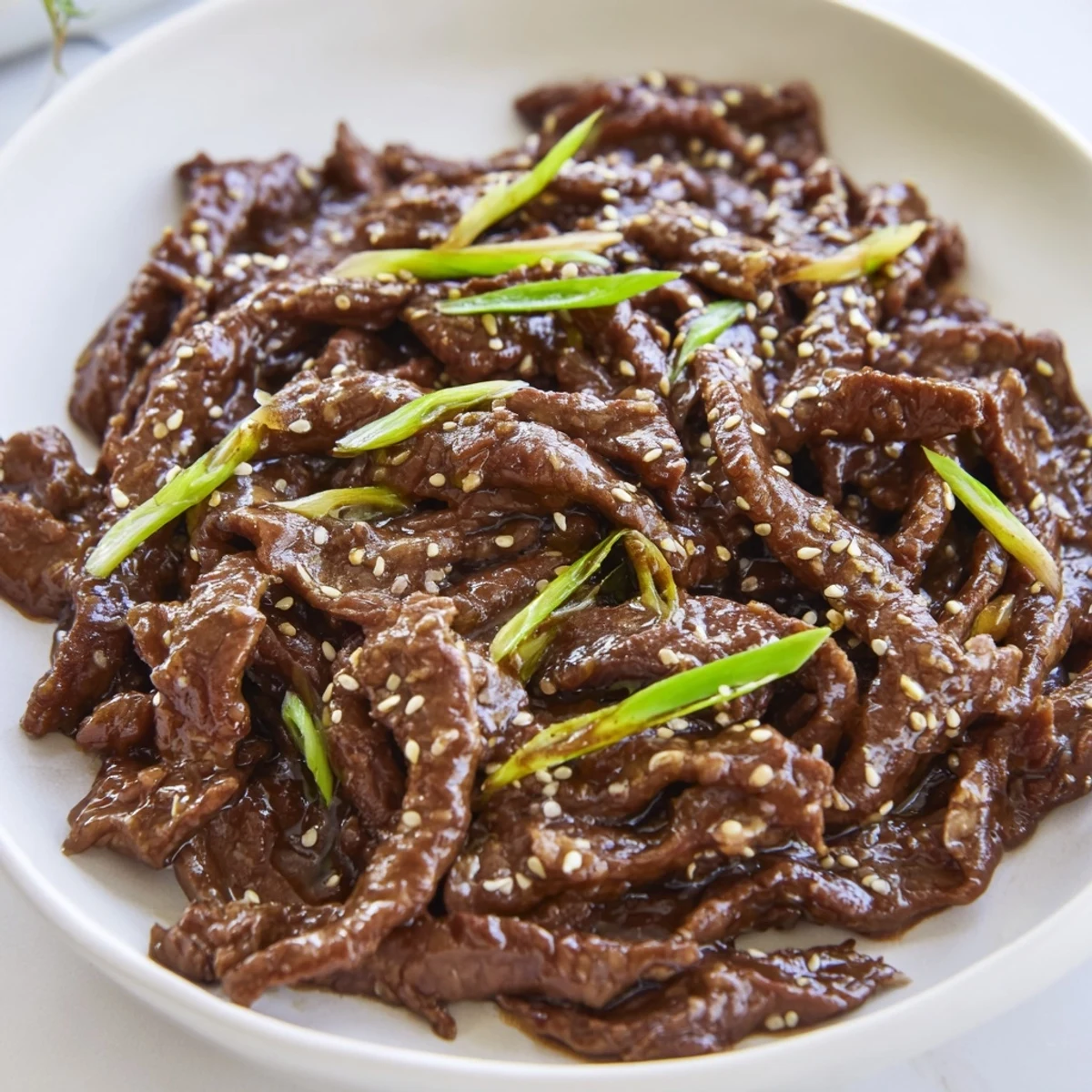 Steaming bowl of Ultimate Slow Cooker Mongolian Beef draped over fluffy jasmine rice with green onions and sesame seeds.