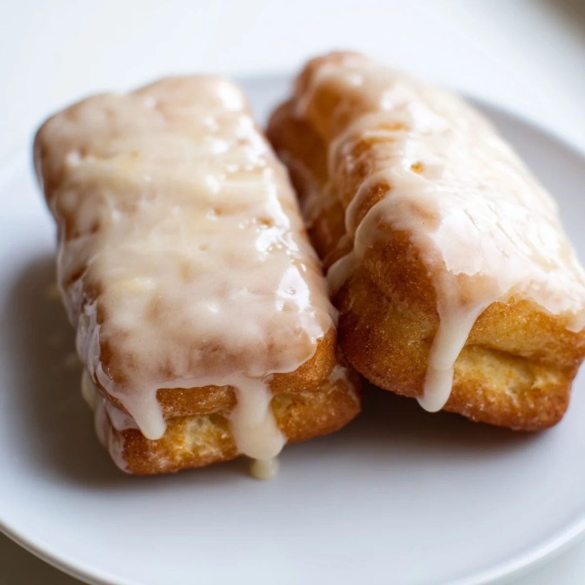 Freshly fried Maple Donut Bars arranged on parchment paper, topped with a sweet vanilla-scented maple icing.