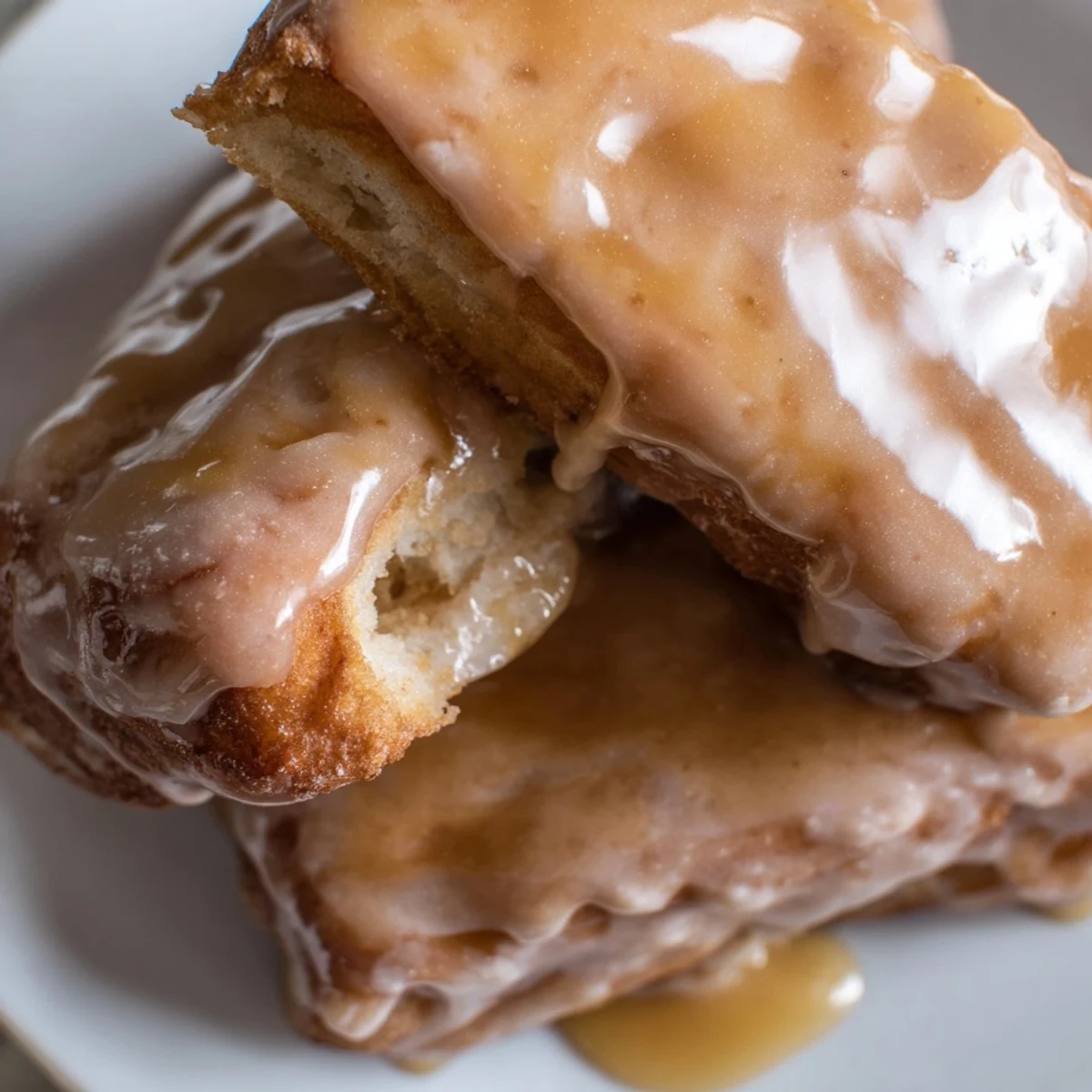 A stack of soft Maple Donut Bars drizzled generously with maple glaze, paired with a steaming mug of coffee.