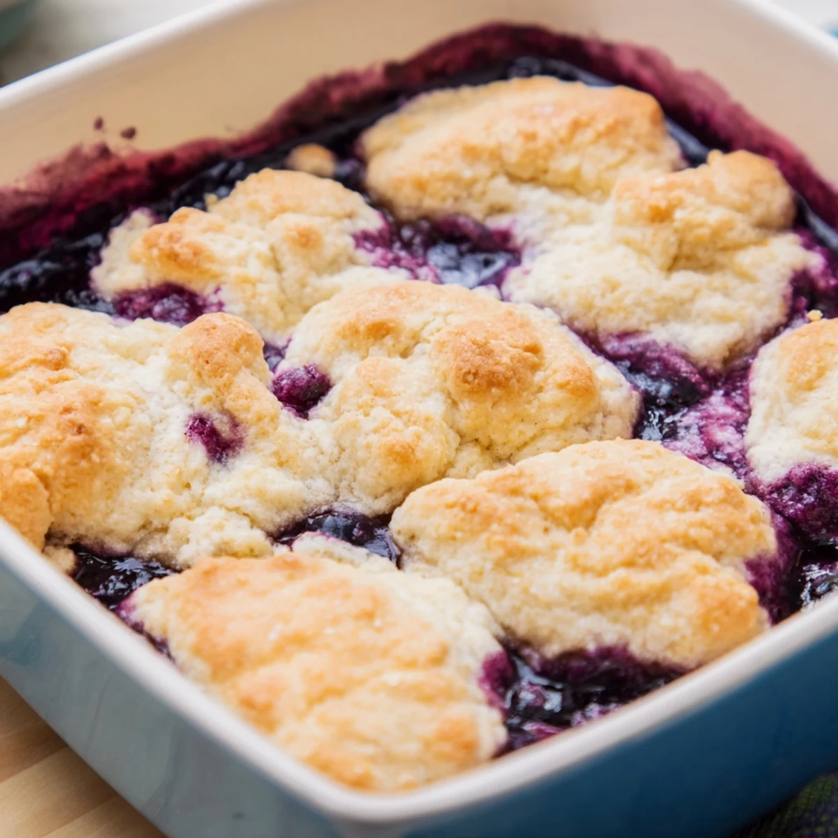 Warm, bubbling blueberry cobbler with frozen berries emerges from the oven with a golden biscuit topping.  