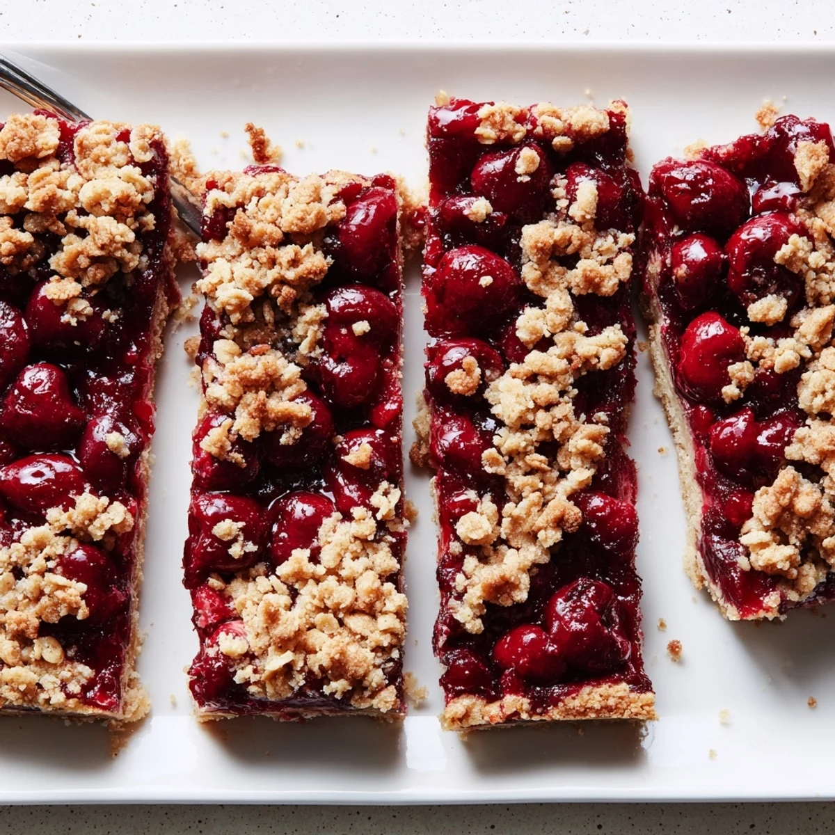 Freshly baked Easy Tasty Cherry Crumble Bars cooling on a wire rack, revealing a vibrant red cherry filling and a golden oat crumble topping.