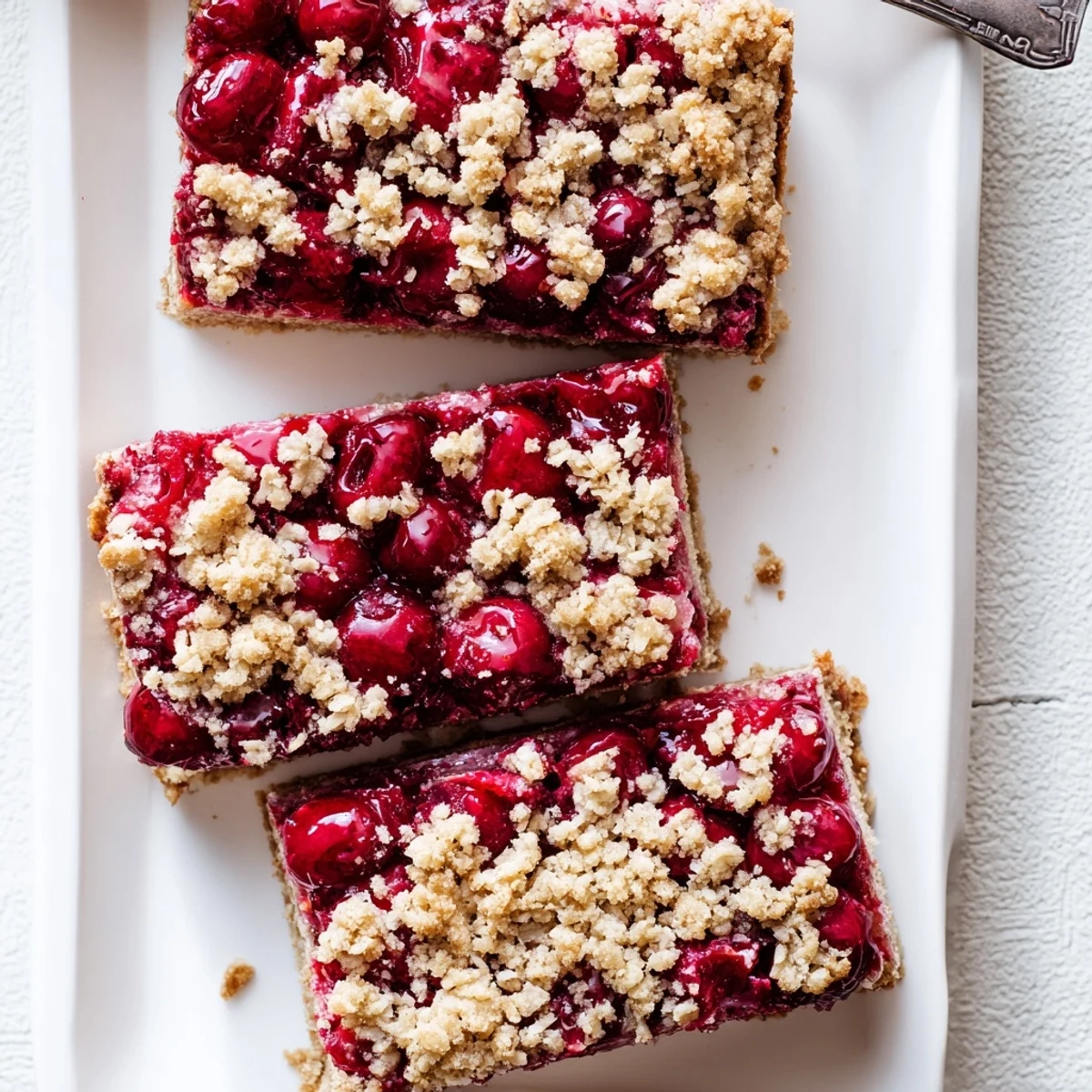 A cut piece of Easy Tasty Cherry Crumble Bars resting on a parchment-lined tray, showing off the juicy cherries and crunchy crumble texture.