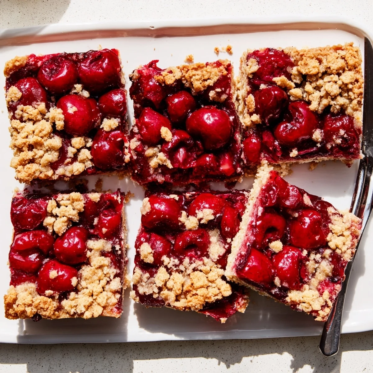 Close-up of a stacked serving of Easy Tasty Cherry Crumble Bars, highlighting the buttery oat crust and jammy cherry center on a ceramic plate.