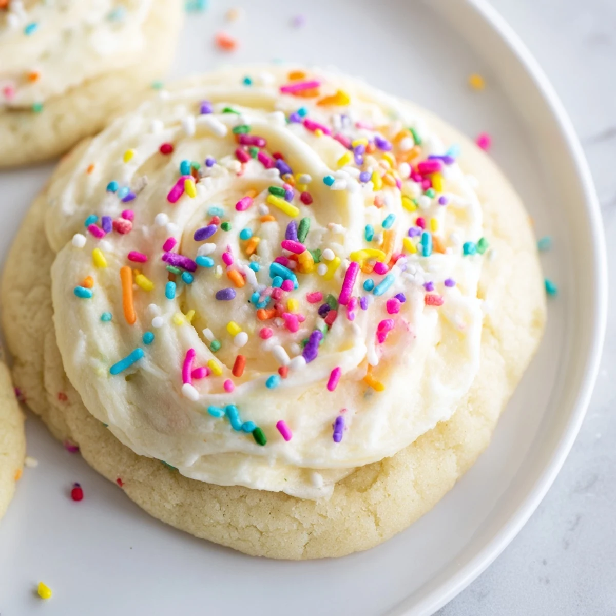 A close-up shows Soft Sour Cream Sugar Cookies With Cream Cheese Frosting being piped onto each cookie, with colorful sprinkles scattered nearby for a festive touch.