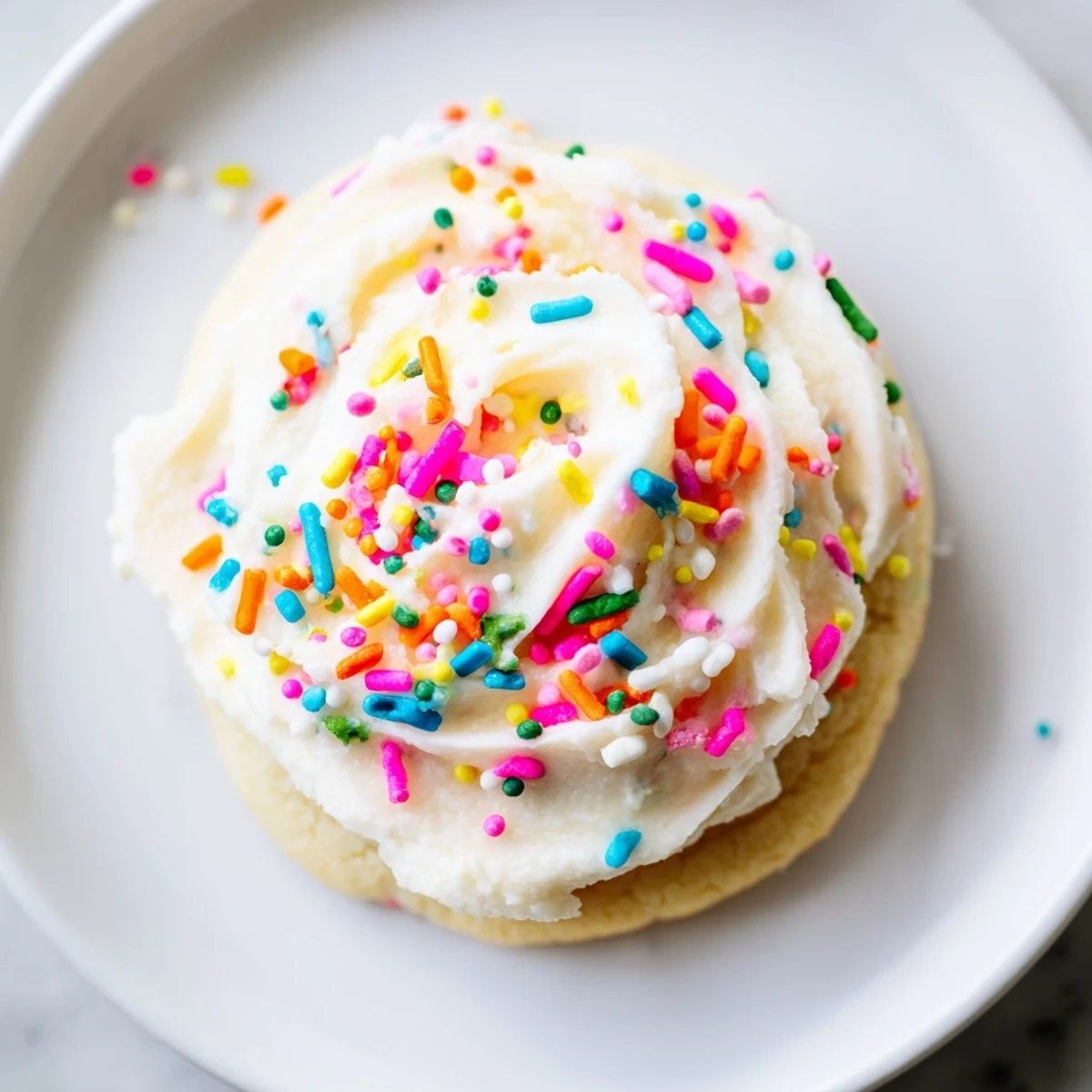 Freshly baked Soft Sour Cream Sugar Cookies With Cream Cheese Frosting are arranged on a cooling rack, their soft edges lightly golden and smooth white frosting swirled on top.