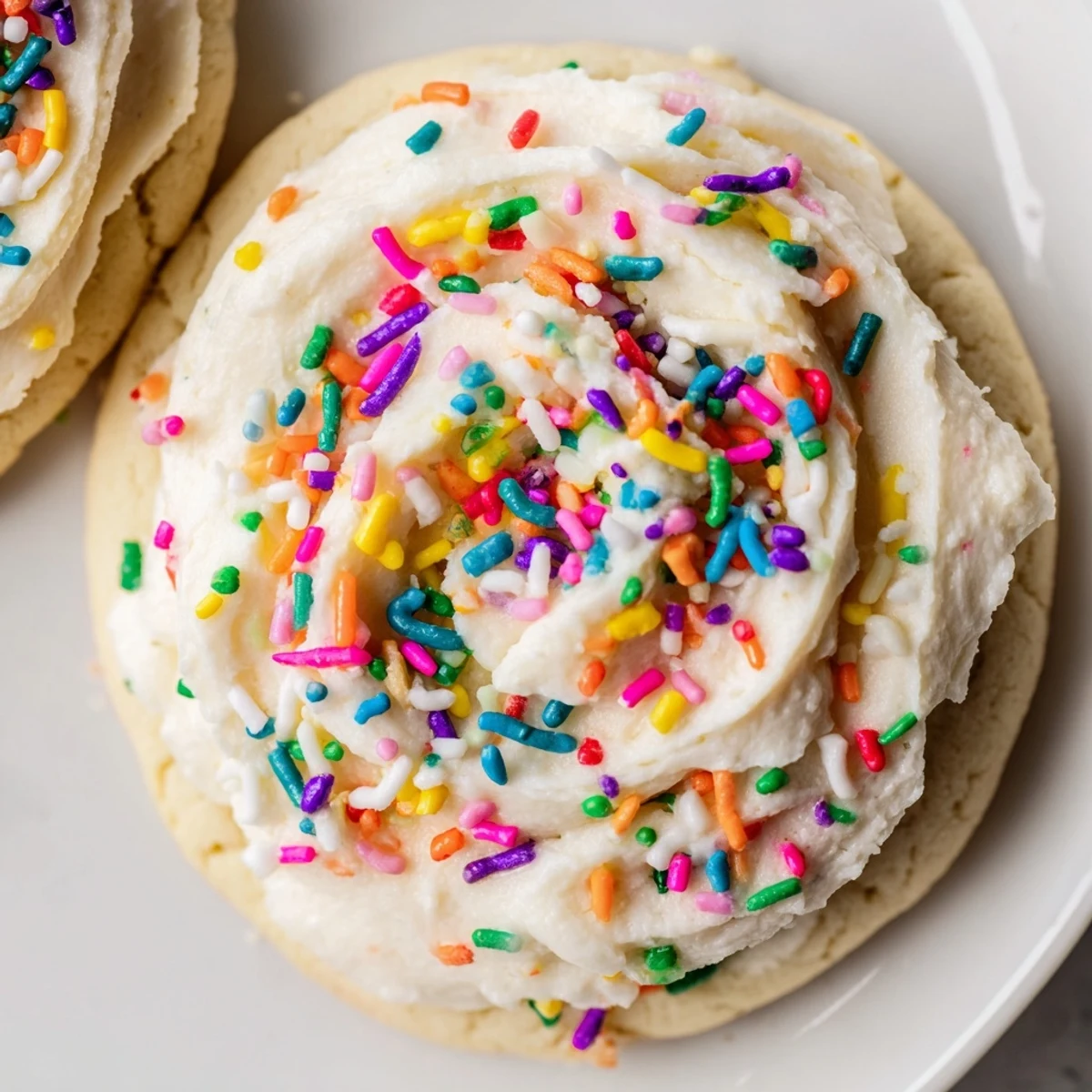 Stacked Soft Sour Cream Sugar Cookies With Cream Cheese Frosting sit on a white plate, the pillowy texture and creamy frosting ready for an afternoon coffee treat.