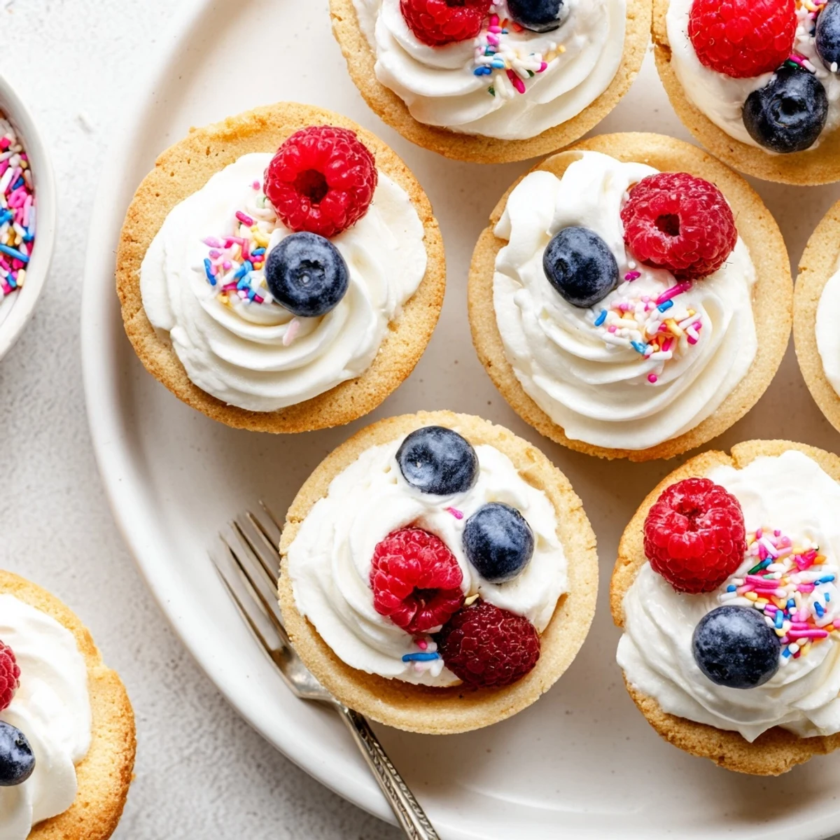 Two Sugar Cookie Cups filled with vanilla cream and sprinkles sit on a rustic wooden board, ready for a kid-friendly afternoon treat.