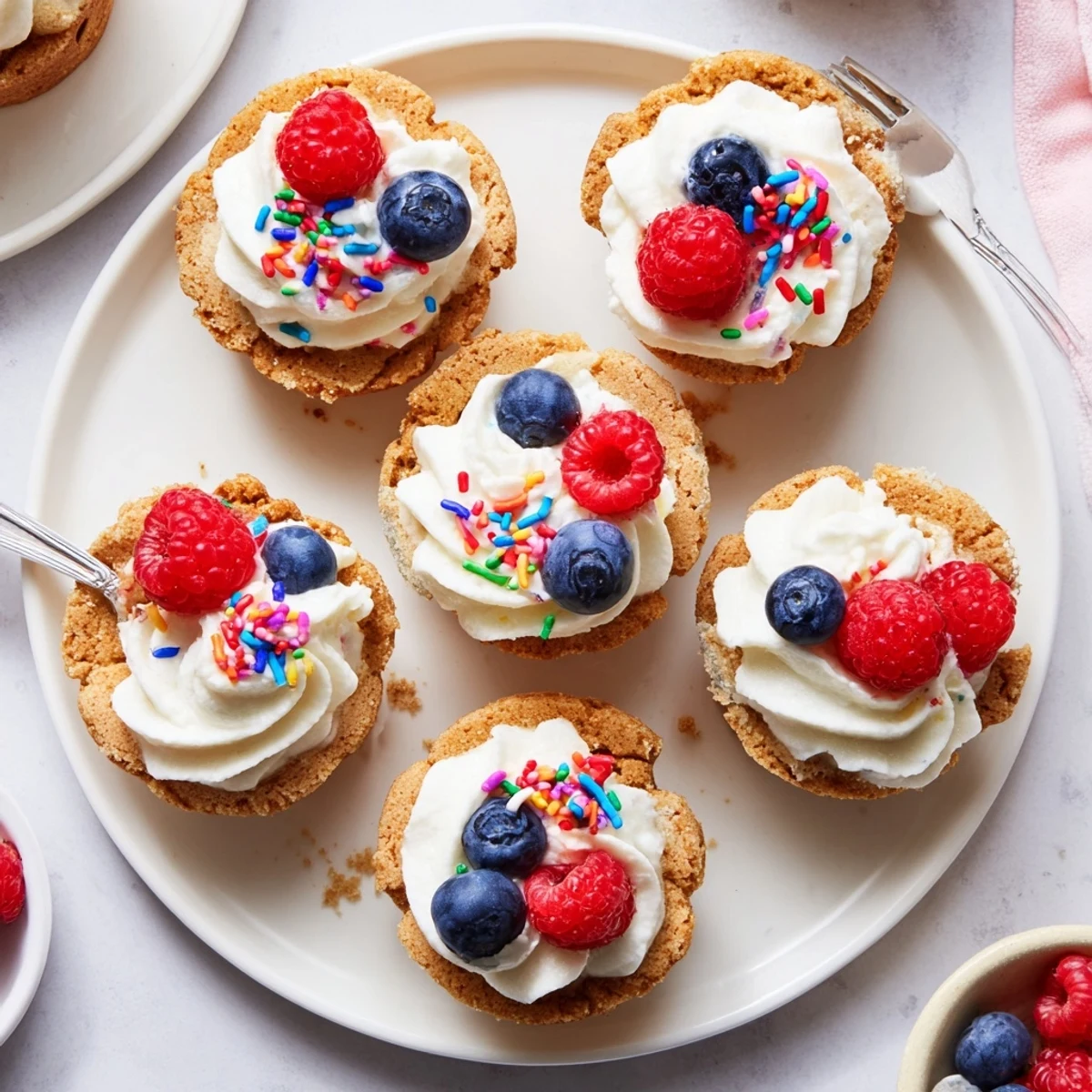 A close-up shows Sugar Cookie Cups topped with whipped cream and fresh raspberries, perfect for a festive dessert platter at a party.