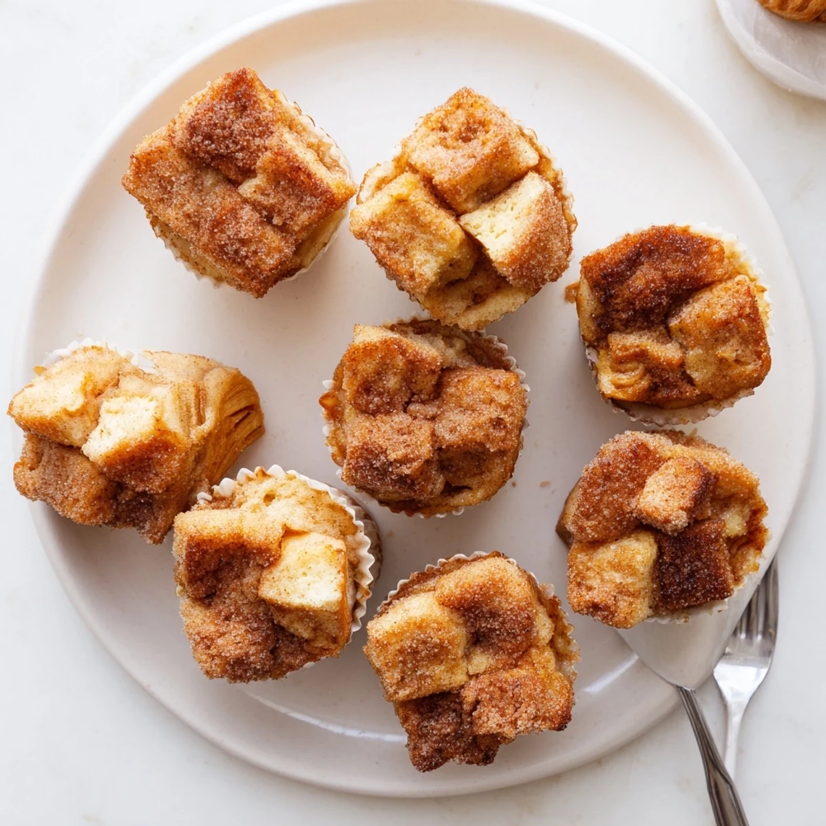 A close-up view shows the soft, custardy crumb of Cinnamon Sugar French Toast Muffins after baking.