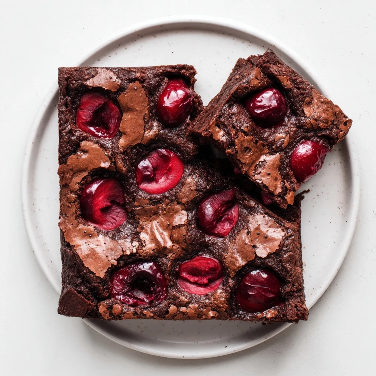 Warm roasted cherry brownies with rich chocolate chunks and glossy fudge on a marble counter.