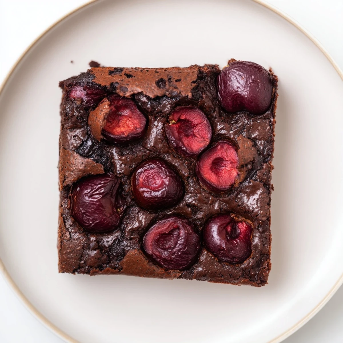 Chewy Roasted Cherry Brownies topped with caramelized cherries and vanilla ice cream melting nearby.