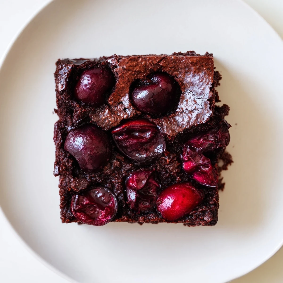 A close-up of fudgy Roasted Cherry Brownies with juicy cherries tucked inside, perfect for summer.