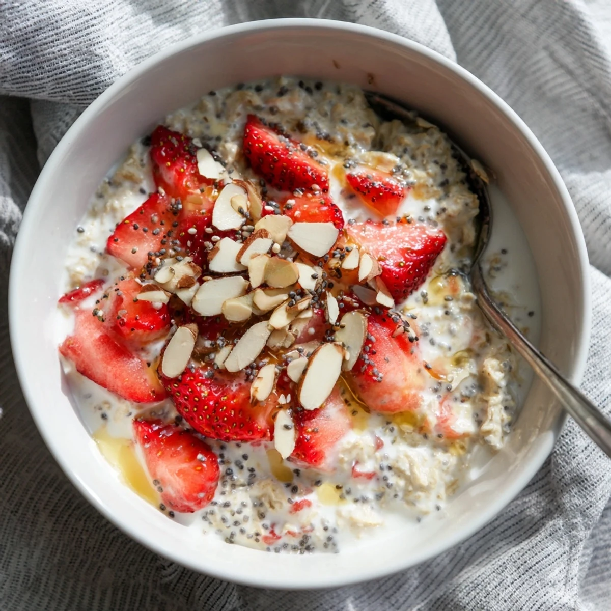 Thick creamy Strawberry Overnight Oats with diced fresh strawberries and a drizzle of honey in a clear jar.