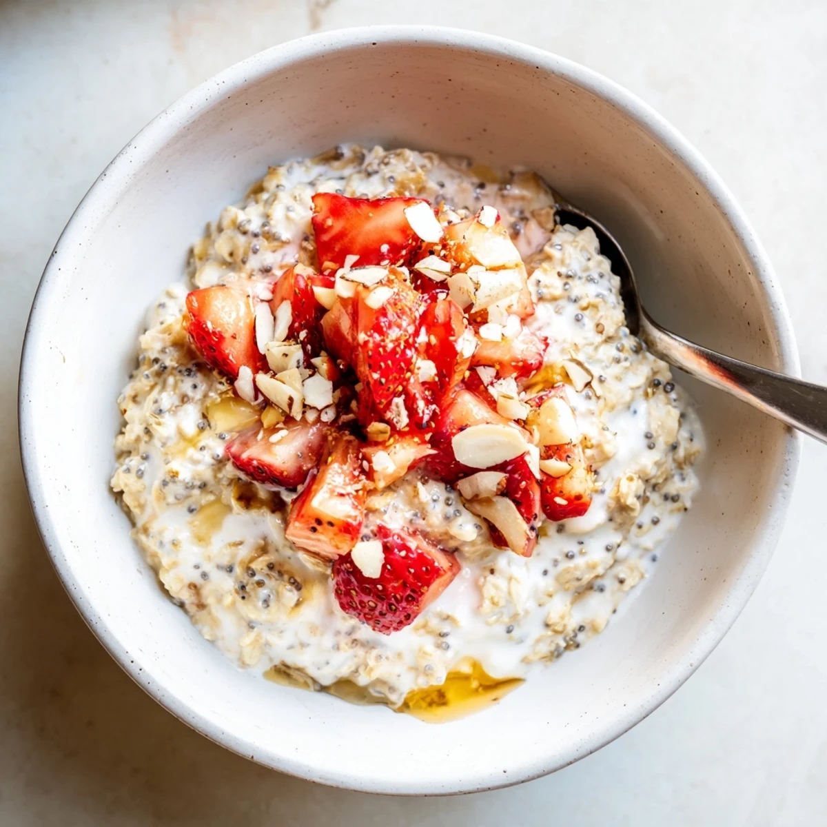 Healthy Strawberry Overnight Oats in a serving bowl, swirled with Greek yogurt and sweet honey, ready to eat.