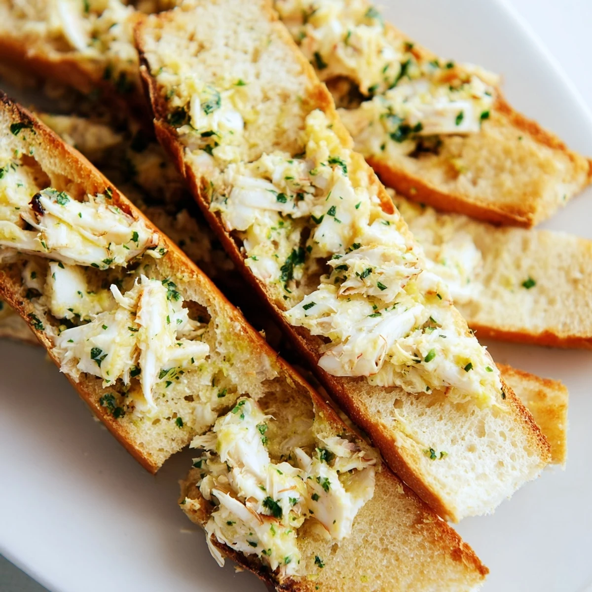 Golden garlic butter crab toasts garnished with fresh parsley and lemon wedges on a rustic wooden table.