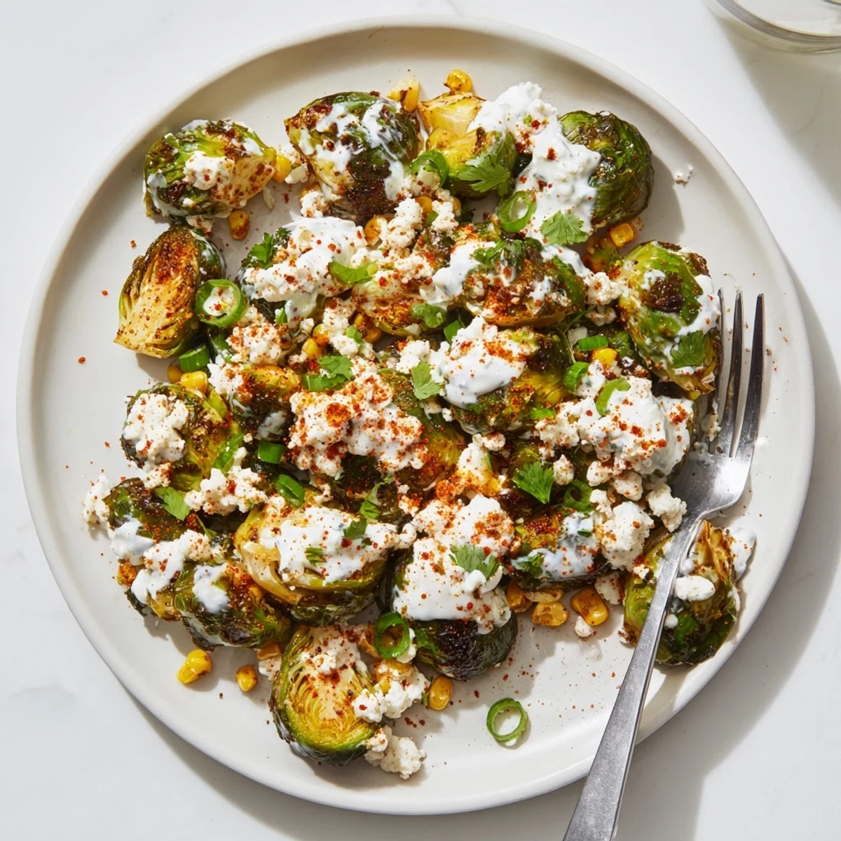 Crispy roasted Mexican Street Corn Brussels Sprouts topped with cotija, cilantro, and a drizzle of creamy chili-lime dressing.
