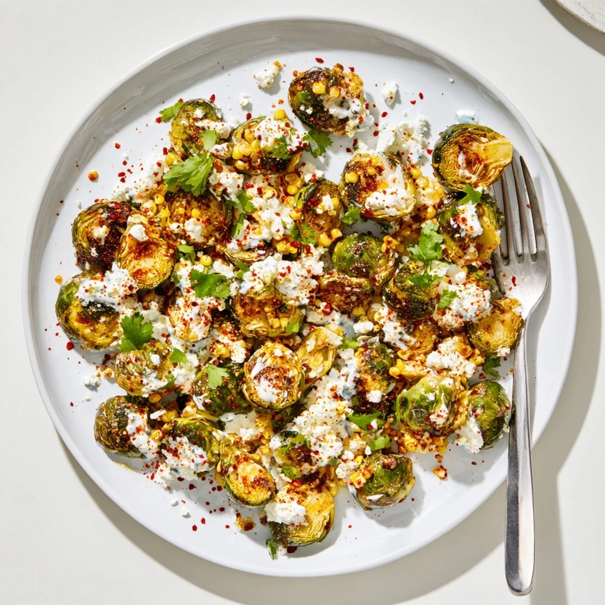 Freshly roasted Mexican Street Corn Brussels Sprouts served on a platter with corn kernels and crumbled cheese, ready to enjoy.