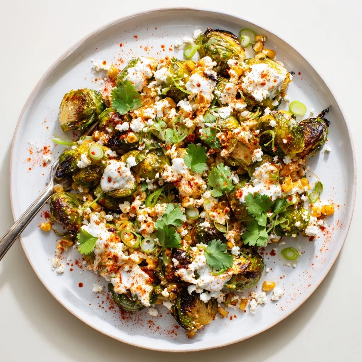 A vibrant bowl of Mexican Street Corn Brussels Sprouts glistening with creamy sauce, lime wedges, and a sprinkle of chili powder.