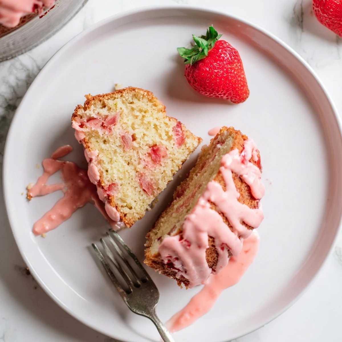 Freshly baked Moist Strawberry Milkshake Pound Cake with a pink glaze drizzle and chopped berries on top.