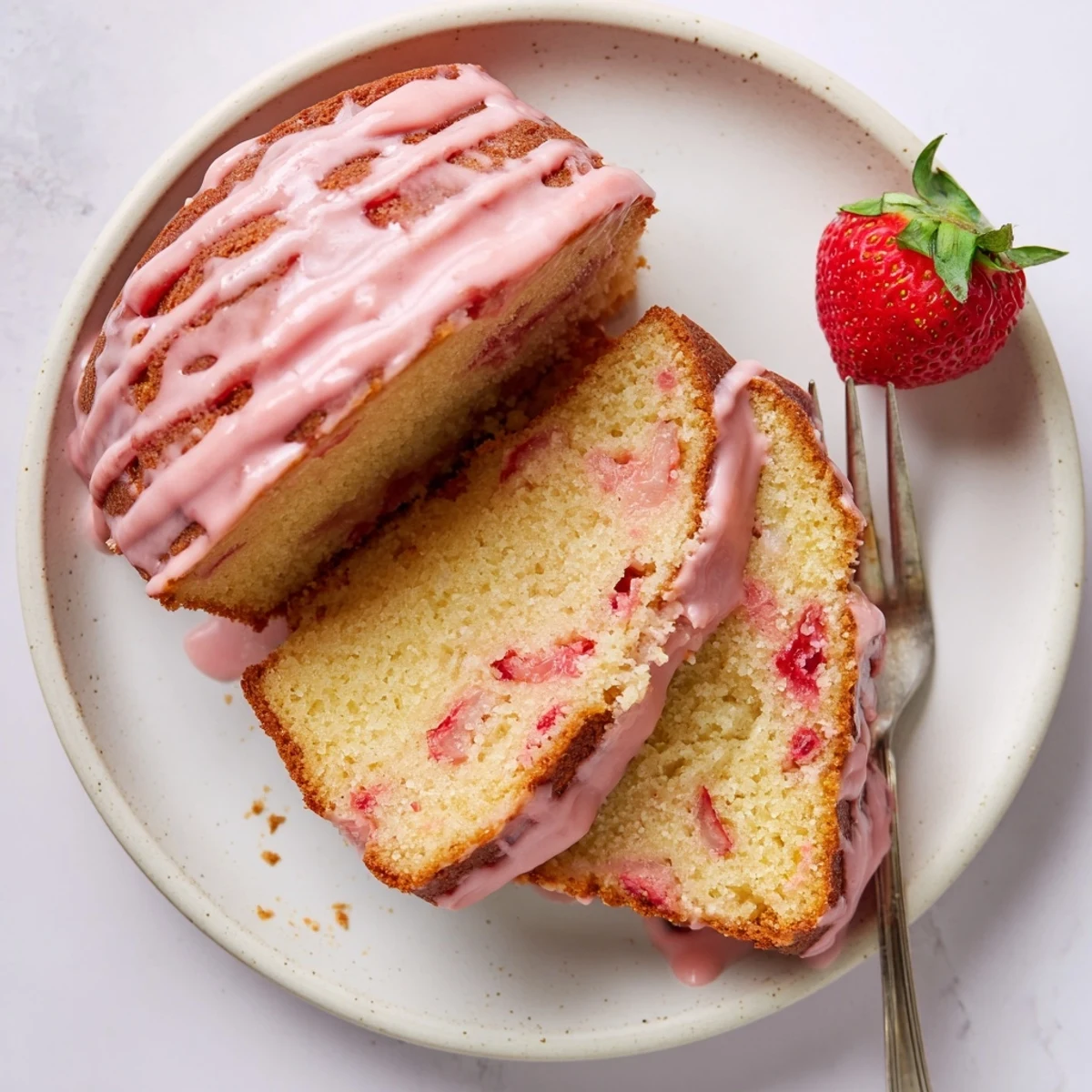 Moist Strawberry Milkshake Pound Cake sliced on a plate beside a glass of strawberry milk.