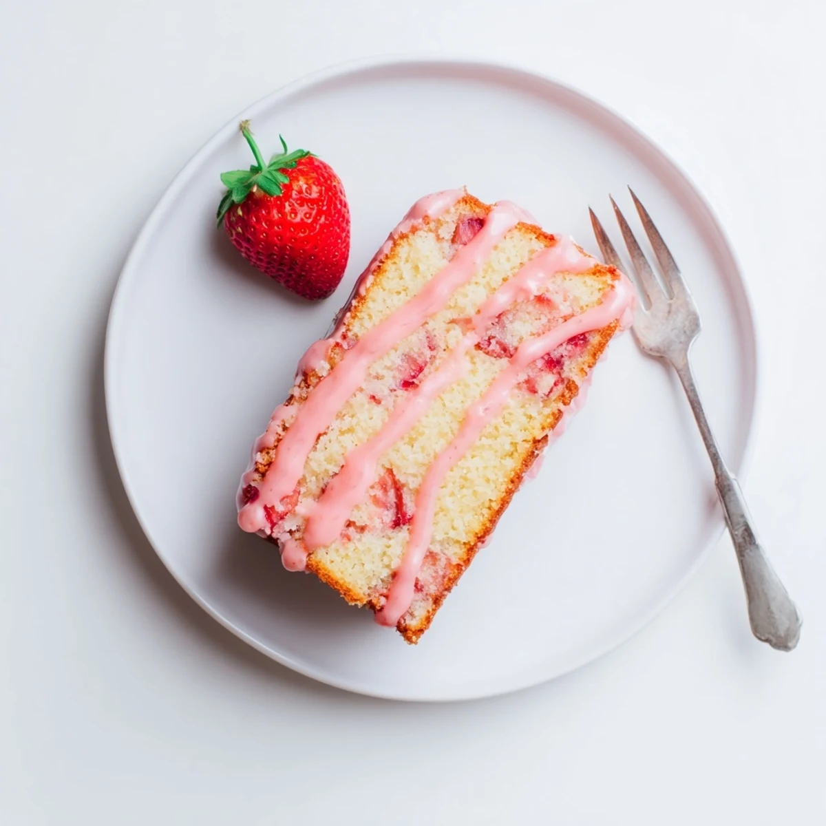 Warm slice of Moist Strawberry Milkshake Pound Cake served with whipped cream and fresh strawberries.