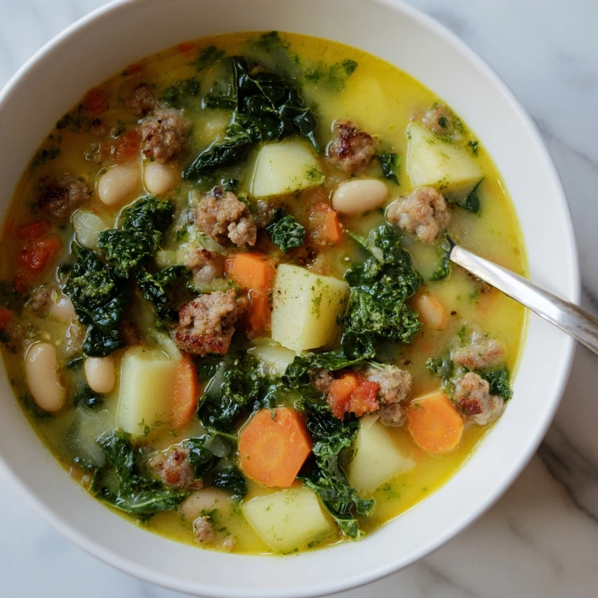 Steaming bowl of Zuppa Toscana with Basil Pesto Lemon Broth, featuring hearty sausage, potatoes, and fresh kale.