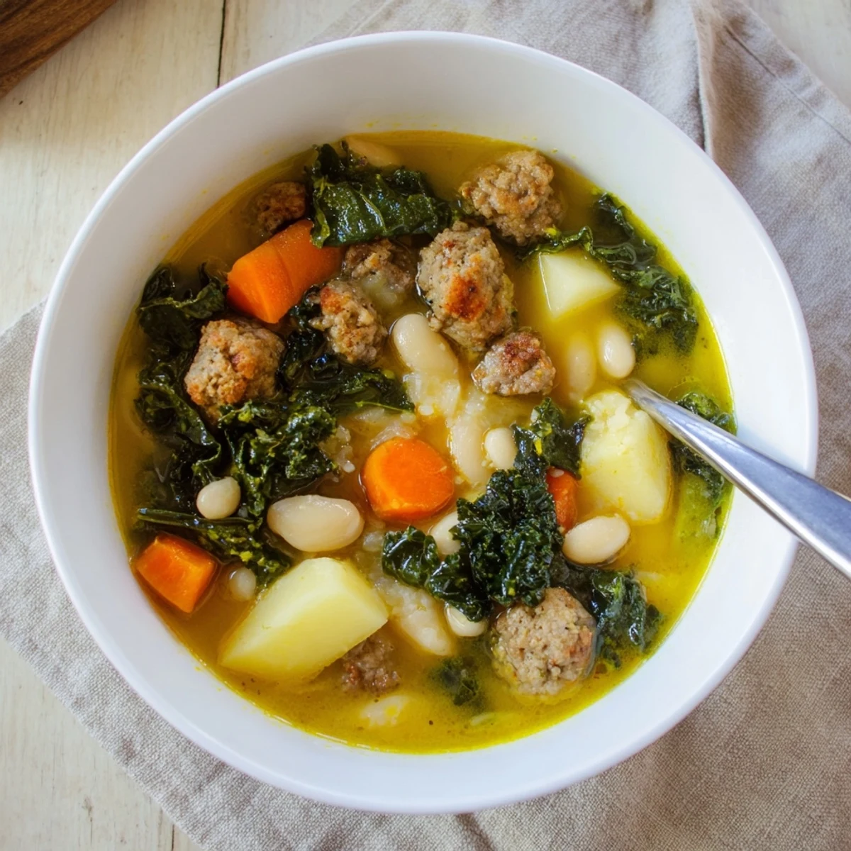 A close-up of Zuppa Toscana with Basil Pesto Lemon Broth, showcasing creamy cannellini beans and vibrant green kale.