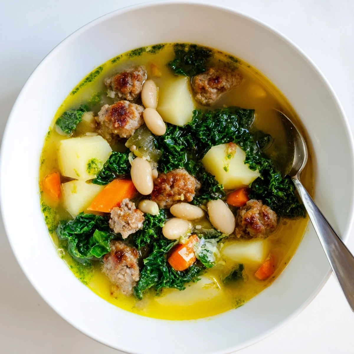 Zuppa Toscana with Basil Pesto Lemon Broth served in a rustic mug, garnished with extra pesto and lemon zest.