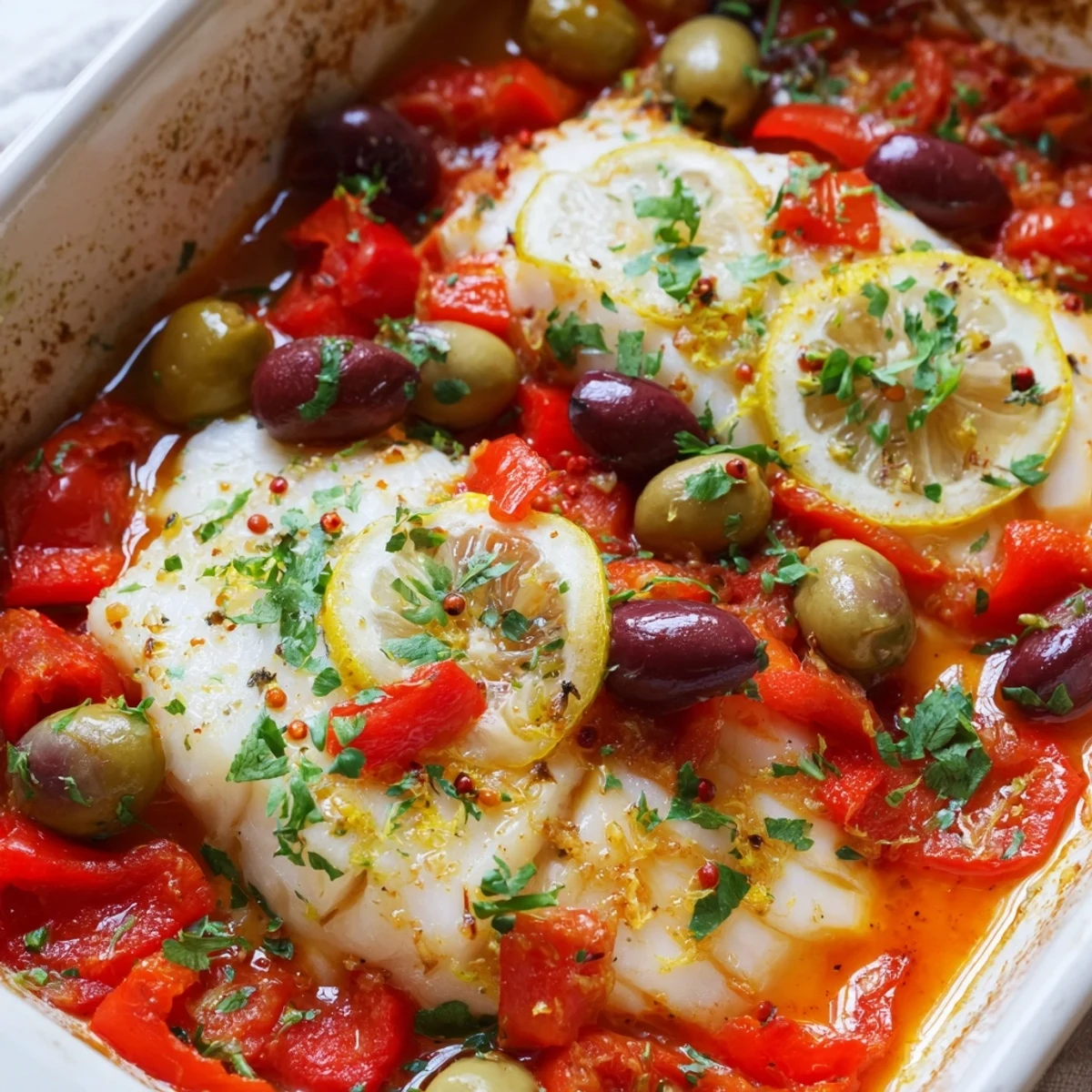 Tender Mediterranean Baked Cod With Olives rests in a saucy skillet garnished with fresh basil and lemon zest for a bright serving suggestion.