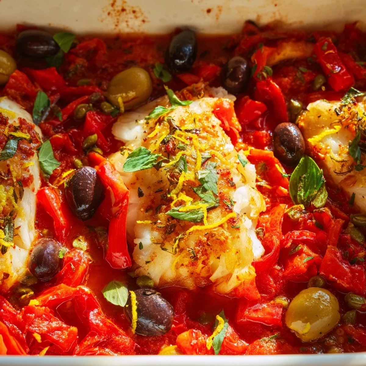 A close-up of Mediterranean Baked Cod With Olives flaking easily beside a bowl of quinoa, perfect for a gluten-free main course presentation.