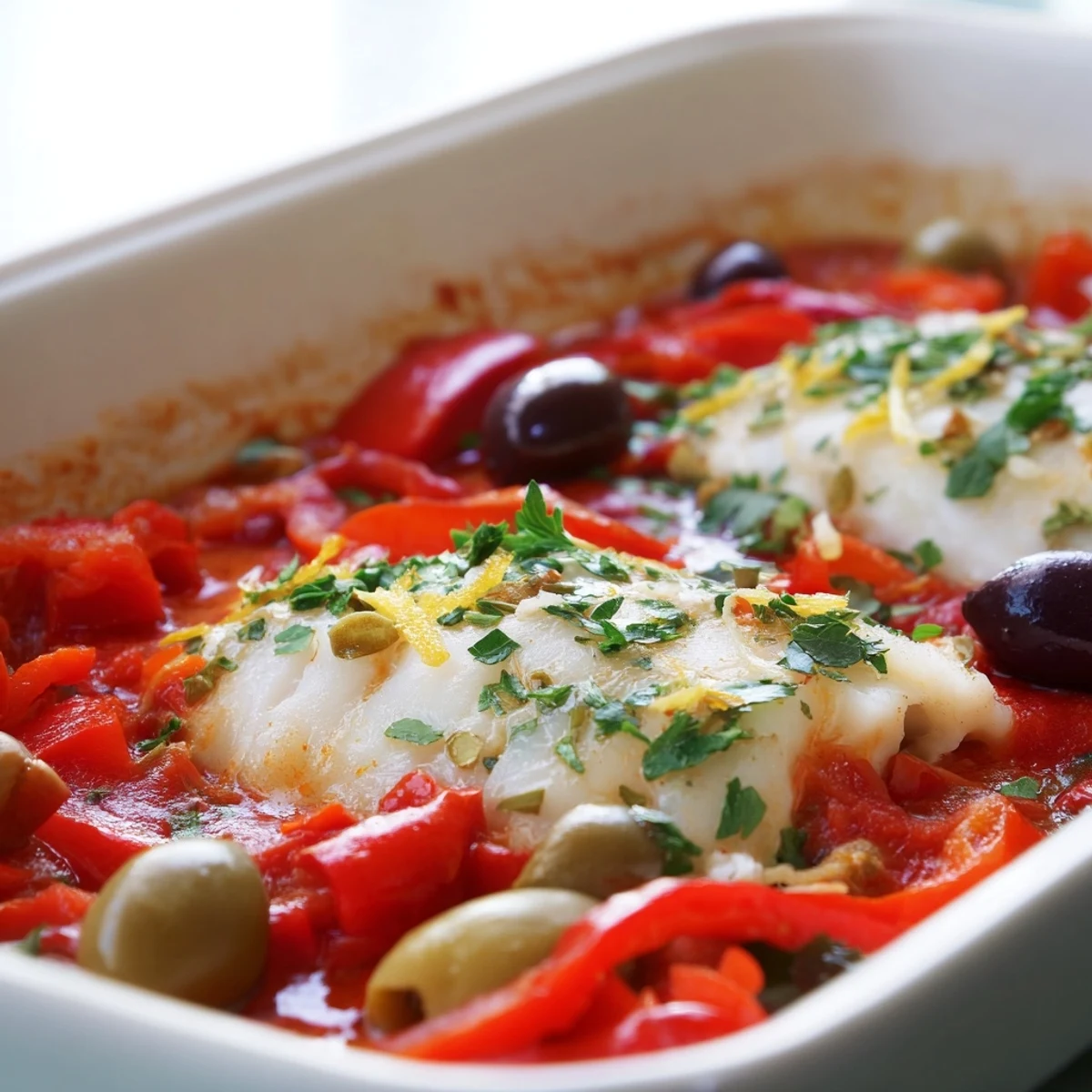 In a rustic baking dish, Mediterranean Baked Cod With Olives features briny capers and Kalamata olives in a rich tomato sauce ready for dinner.