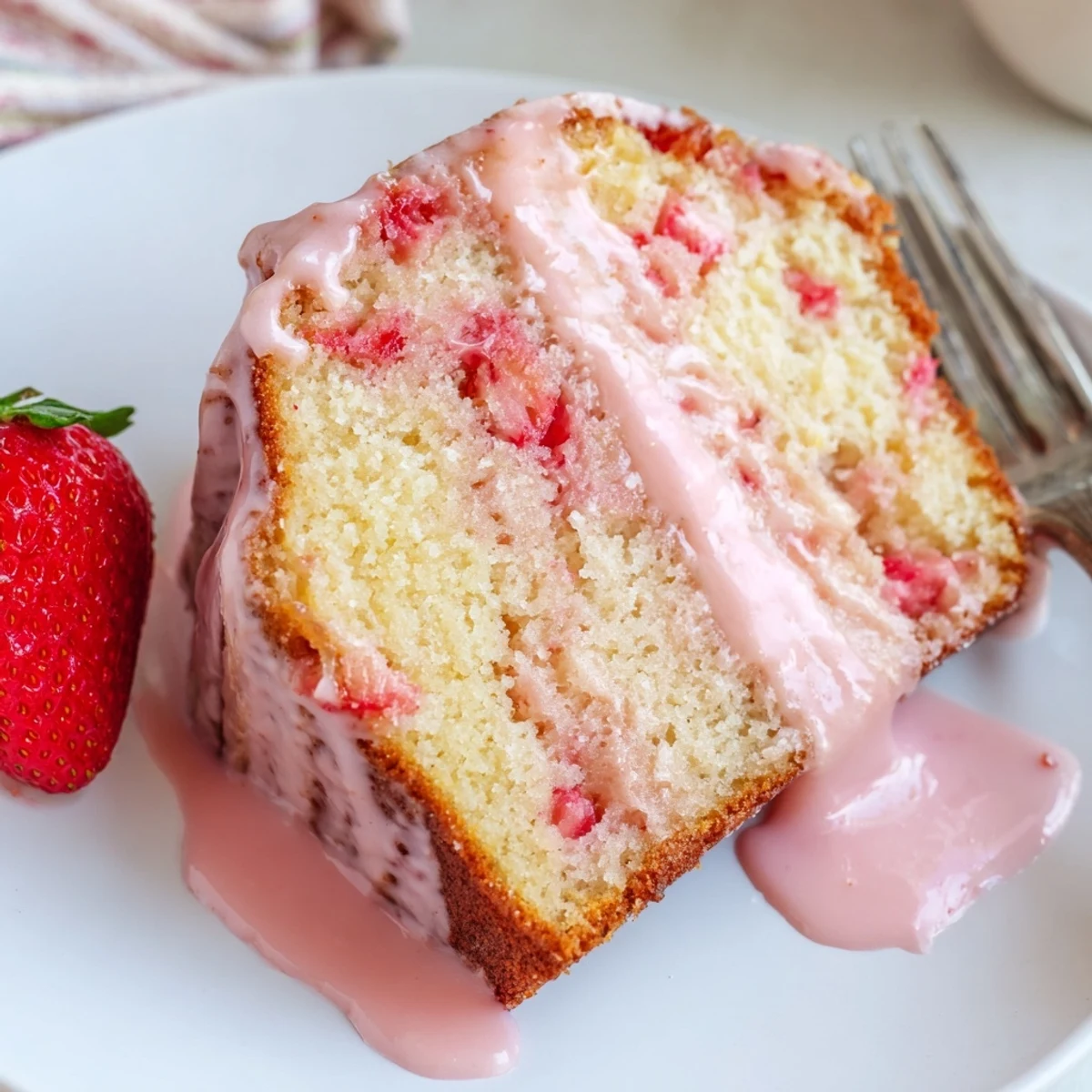 Moist Strawberry Milkshake Pound Cake with creamy strawberry glaze drizzled over golden cake slices.