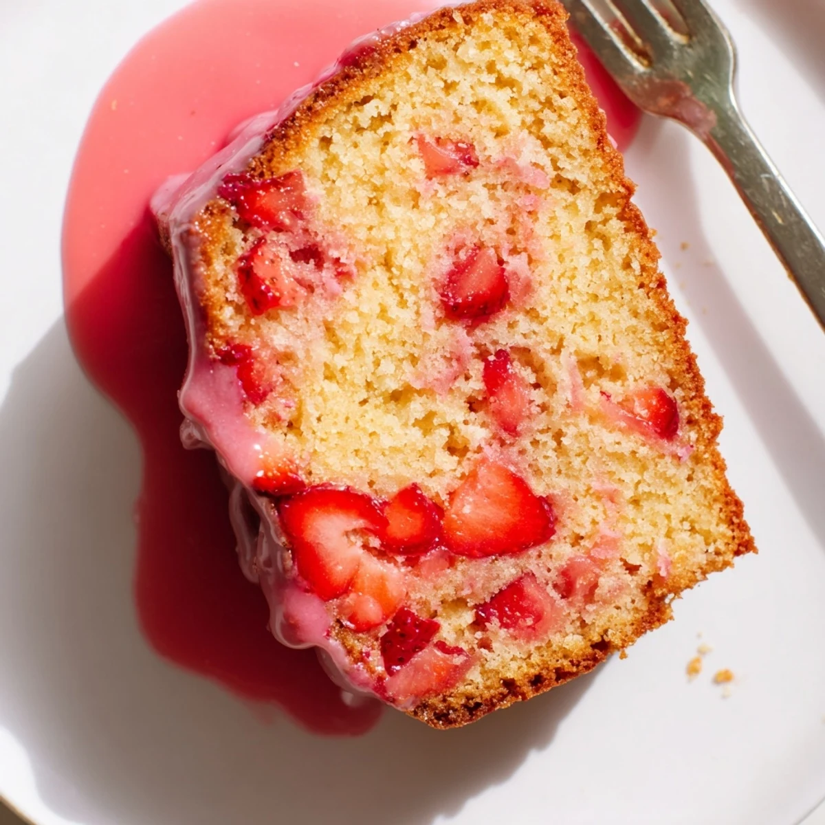 Freshly baked Strawberry Milkshake Pound Cake served with whipped cream and sliced strawberries.