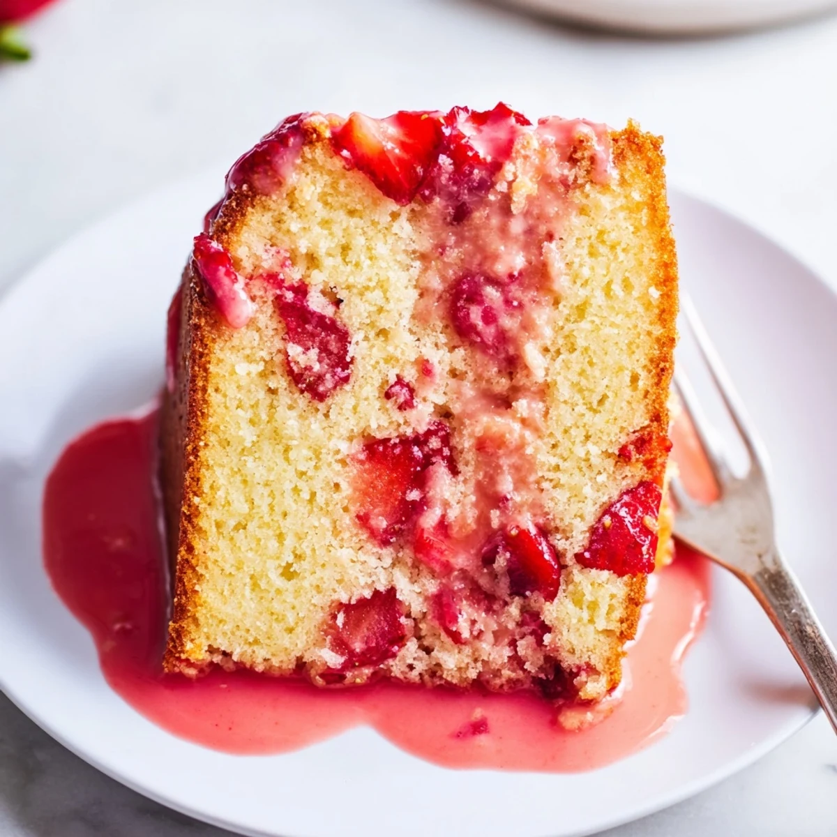 Close-up of moist Strawberry Milkshake Pound Cake showing tender crumb and glossy strawberry glaze.