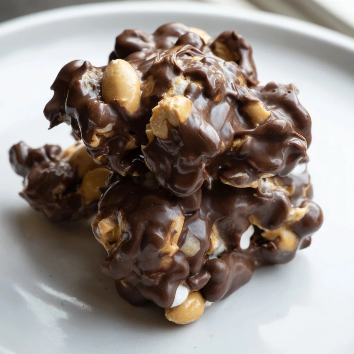 Crunchy roasted peanuts and soft marshmallows in a Peanut Marshmallow Clusters recipe coated in rich, glossy chocolate.