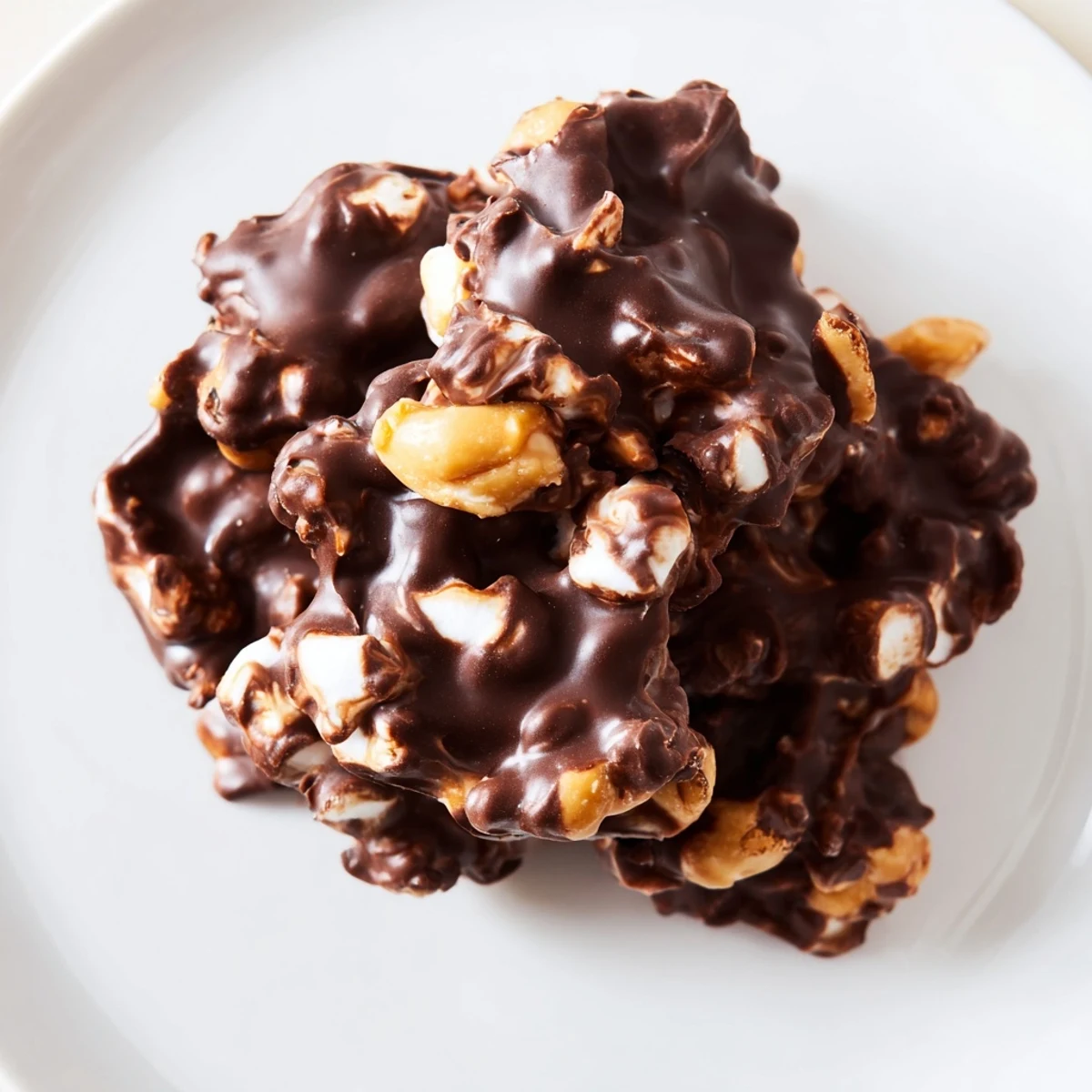 Freshly set Peanut Marshmallow Clusters recipe with a smooth chocolate finish and a sprinkle of sea salt on top.