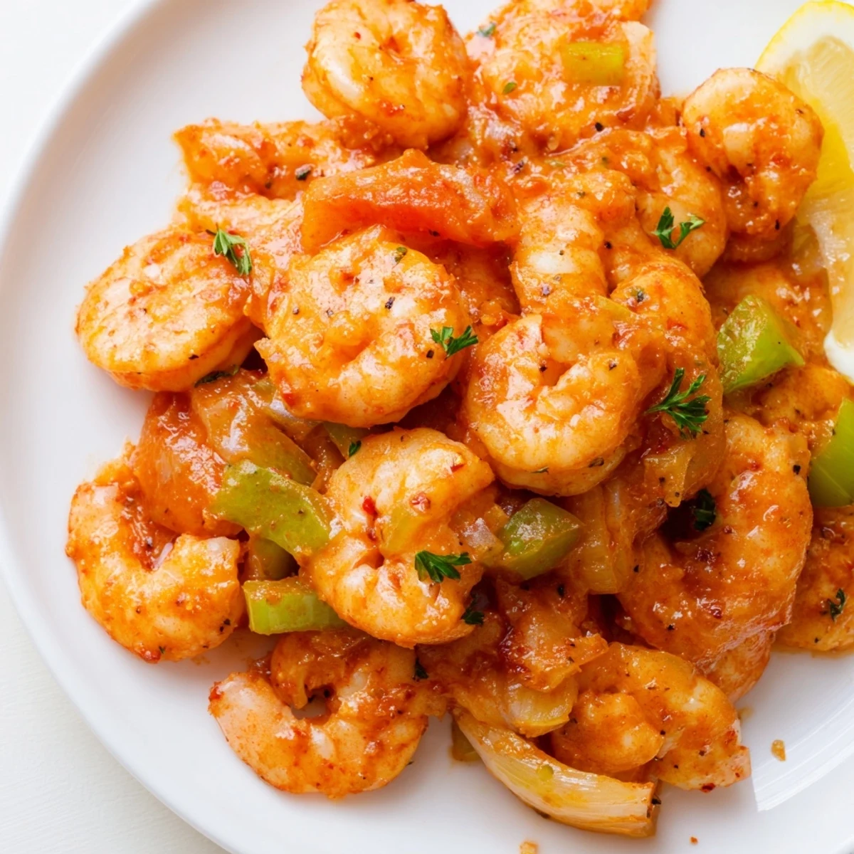 A vibrant skillet of Bubba Gump Shrimp New Orleans with pink shrimp and peppers in a rich, Cajun-inspired sauce.