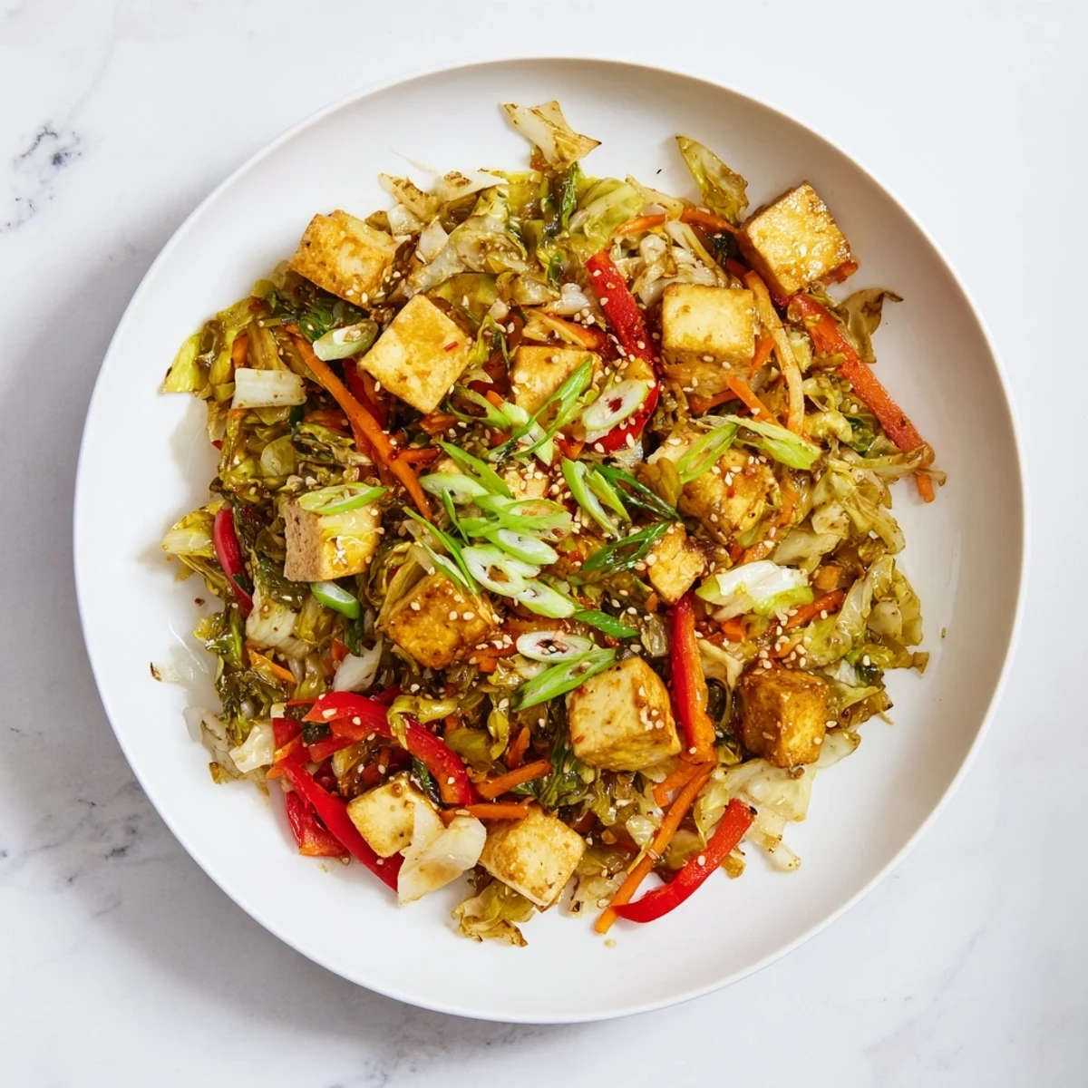 Crispy tofu cubes and tender cabbage glisten in a savory garlic-ginger sauce in this Stir Fried Tofu and Cabbage dish.