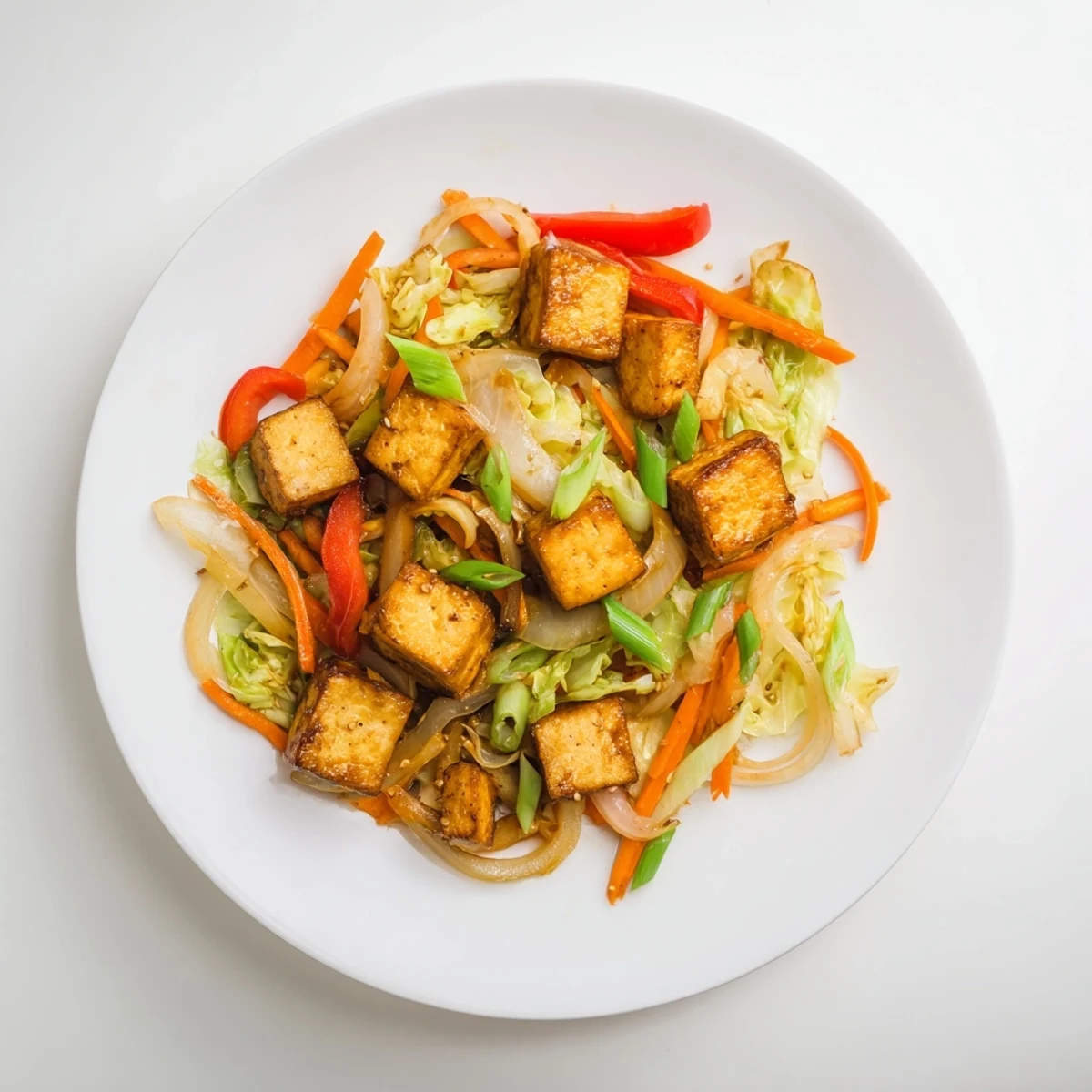 A close-up of golden tofu and vibrant vegetables in a wok shows the finished Stir Fried Tofu and Cabbage meal.
