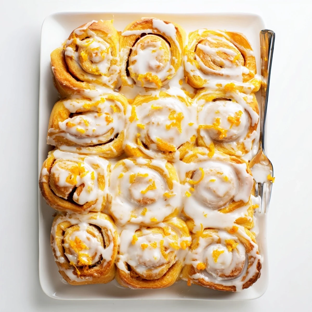 Twelve warm Homemade Glazed Orange Rolls arranged in a baking pan, with a vibrant orange glaze dripping over the pillowy swirls filled with zesty zest.